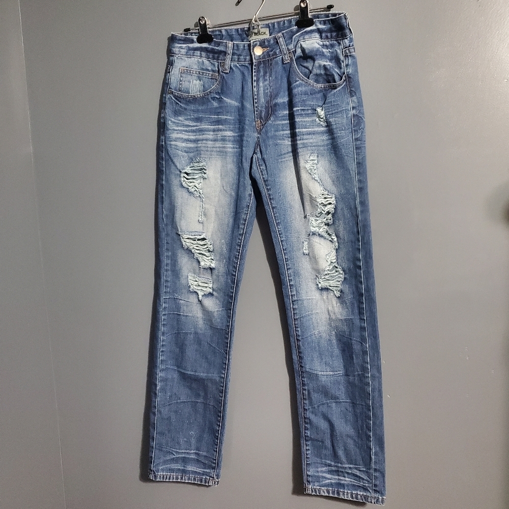 Rue 21 CJ Black Blue Denim Mens Jeans Distressed Slim Straight Size 30/32